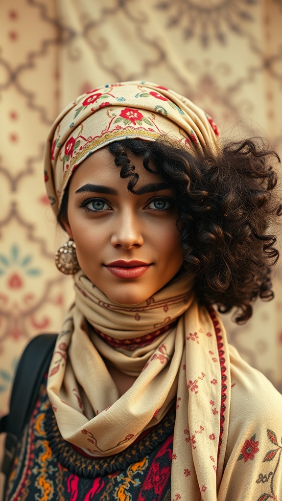 A woman with curly hair wearing a floral patterned headscarf and a colorful top, showcasing her natural texture.