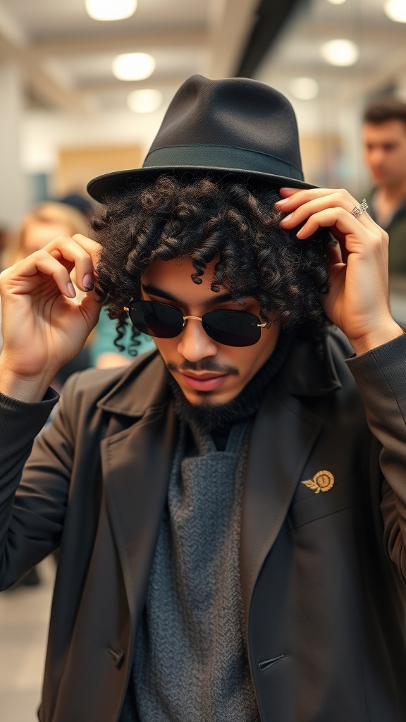 A man with curly hair wearing a hat and sunglasses, showcasing a stylish look.