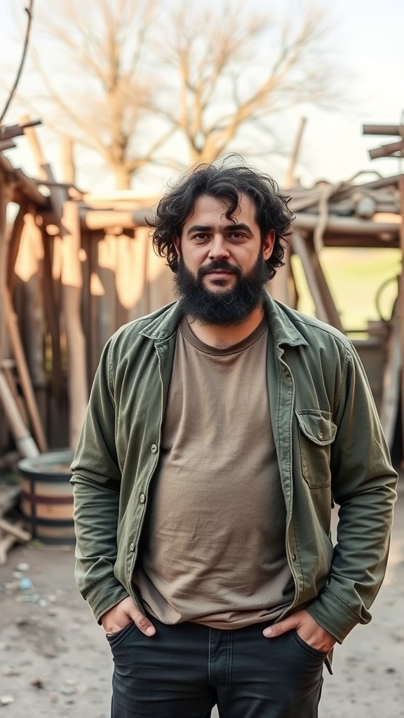 A man with curly hair and a beard standing outdoors, wearing a green shirt and looking confidently at the camera.