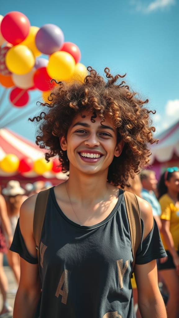 A person with defined curly hair smiling at a summer event with colorful balloons in the background.