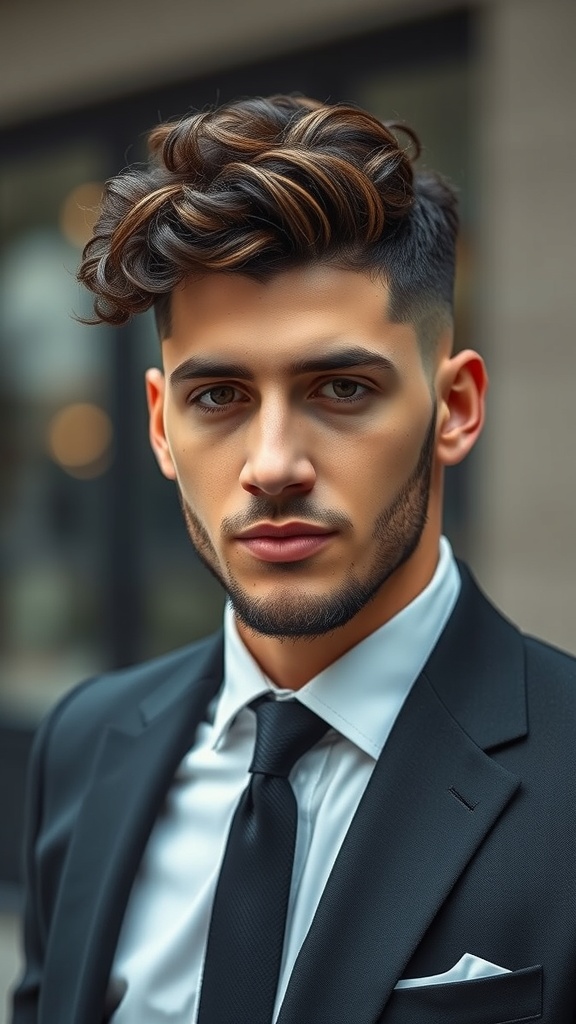 A man with curly hair styled on top and a fade on the sides, dressed in a suit.