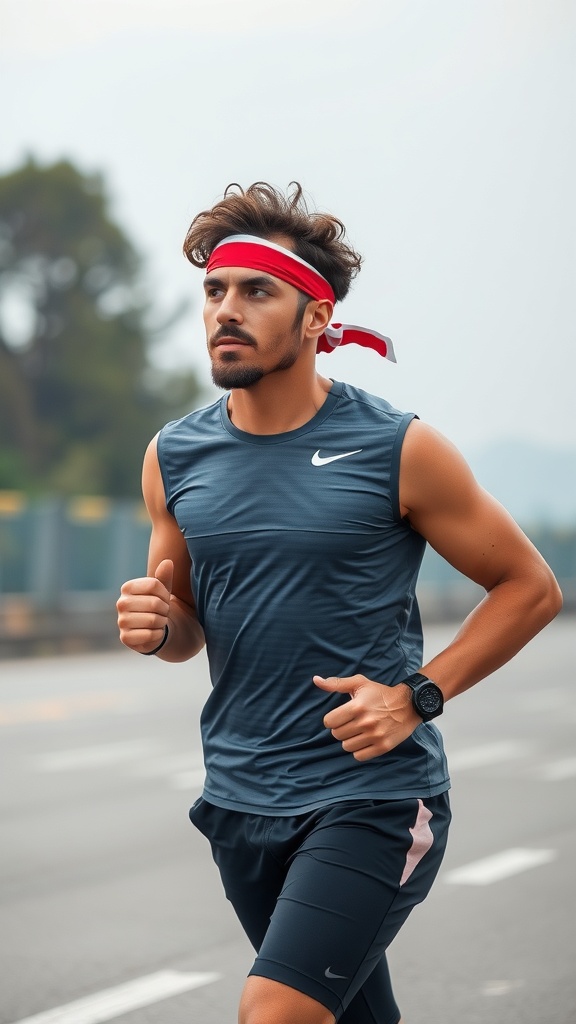 A man jogging with curly hair and a red and white headband