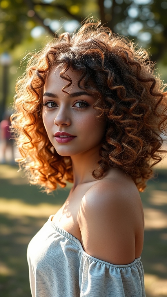 A woman with curly hair and highlights, showcasing her natural texture in a sunny outdoor setting.