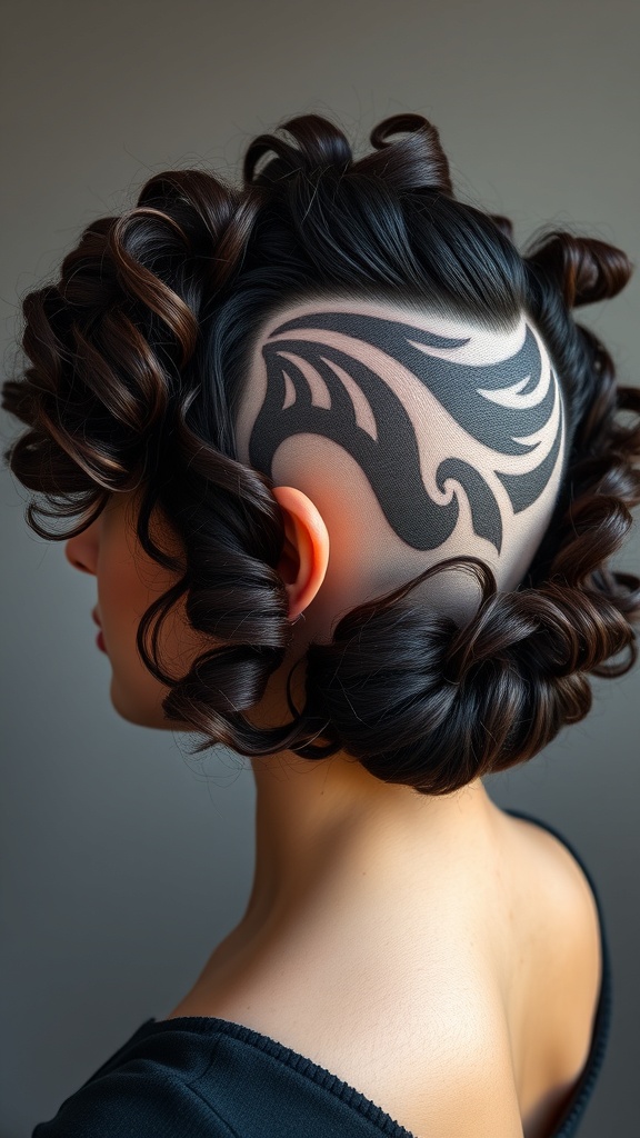 A woman with curly hair styled with a side shaved design featuring an intricate pattern.