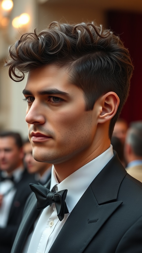 A man with curly hair styled elegantly, wearing a tuxedo and bow tie at a formal event.