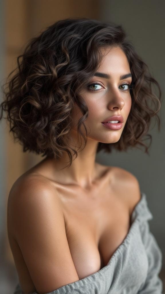 A woman with a curly layered bob hairstyle, wearing a soft off-the-shoulder top, showcasing volume and style.