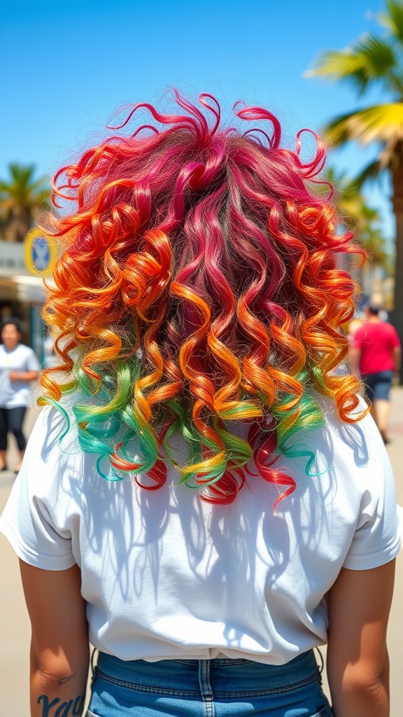 A woman with vibrant, multi-colored curly hair, showcasing layers for volume and bounce.