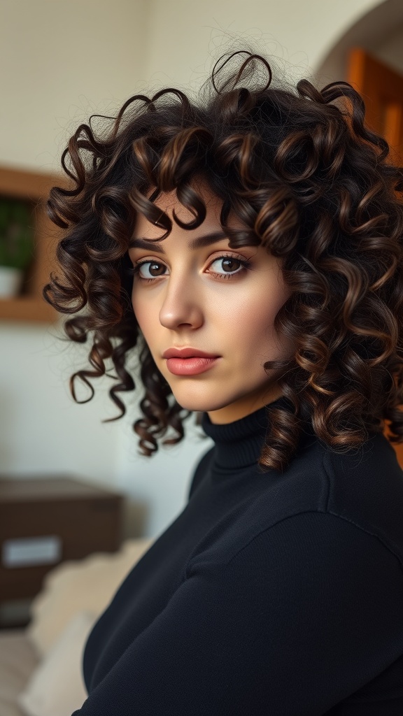 A woman with curly hair styled in layers, showcasing a textured finish.