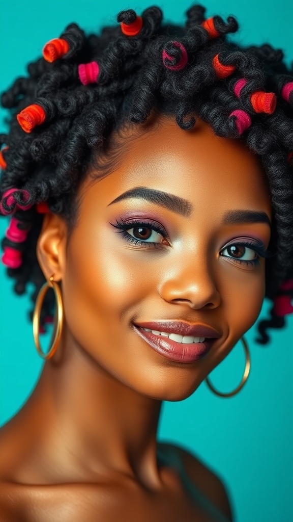Curly locs with red and orange highlights against a yellow background