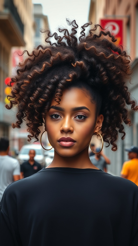 A woman with a voluminous curly ponytail, showcasing her natural texture.