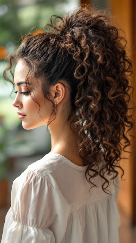 A woman with a voluminous curly ponytail, showcasing defined curls and a playful hairstyle.