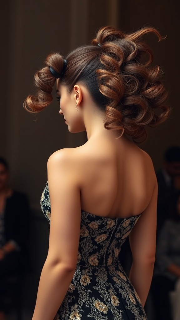 A woman with a stylish curly ponytail, showcasing volume and elegance, wearing a floral dress.