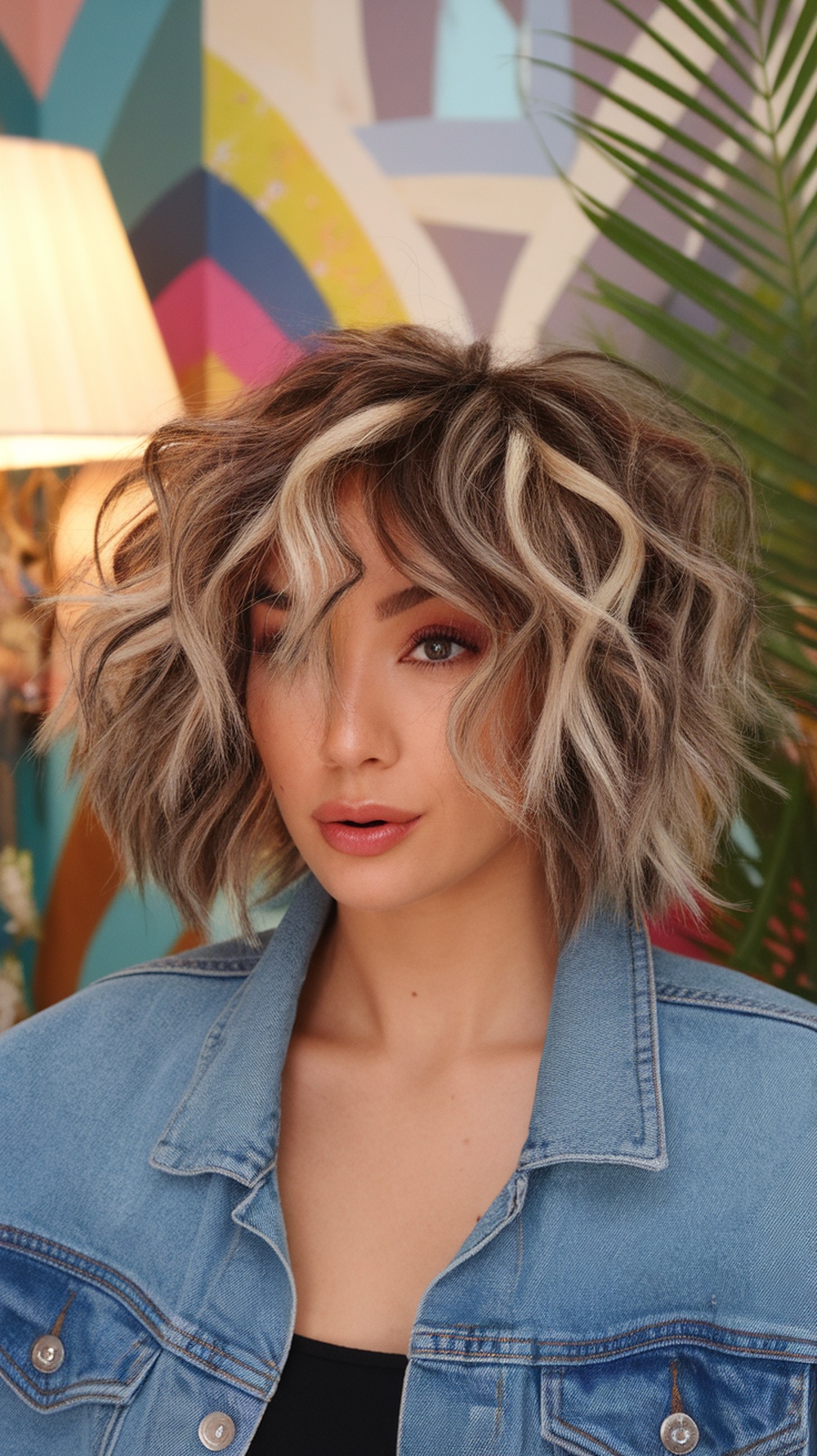 A woman with a curly shag hairstyle, showcasing defined curls and highlights, wearing a denim jacket.
