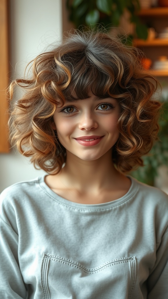 A woman with a curly shag hairstyle and bangs, smiling warmly.