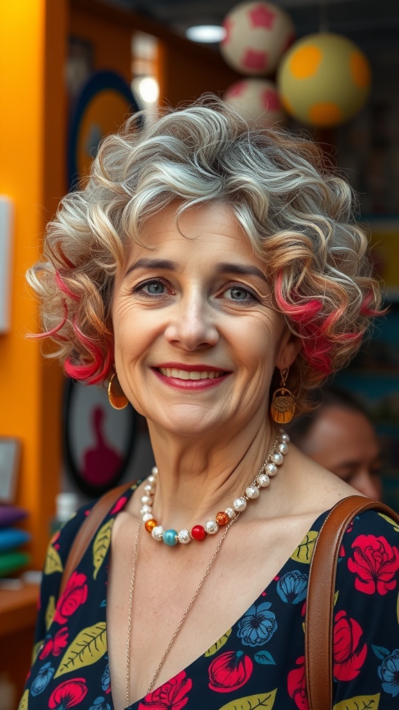 A woman with curly short hair featuring pink highlights, wearing a floral dress and a statement necklace, smiling in a colorful setting.