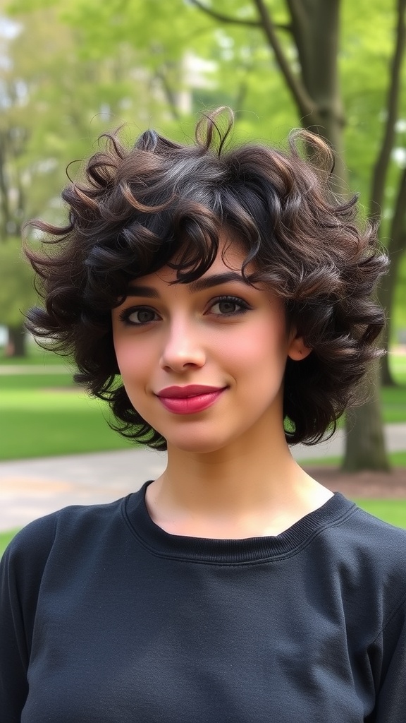 A person with curly shoulder-length shag hair sitting on a bench in a park