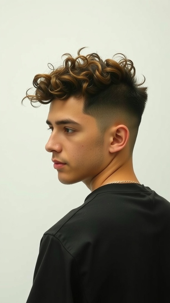A young man with curly hair on top and tapered sides, showcasing a trendy hairstyle.