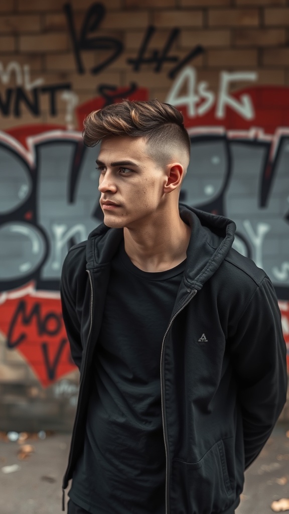 A young man with a curly undercut hairstyle, standing in front of a graffiti wall.