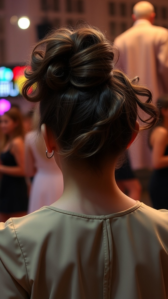 A stylish curly updo hairstyle, showcasing bouncy curls elegantly arranged on top of the head.