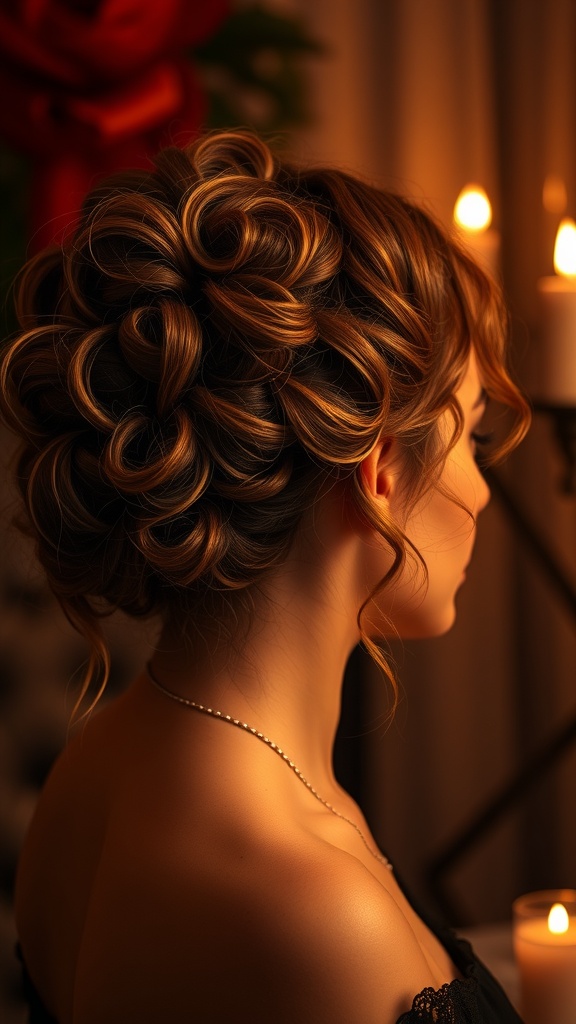A woman with a curly updo hairstyle, showcasing soft curls pinned elegantly, with warm hair tones and a romantic atmosphere.