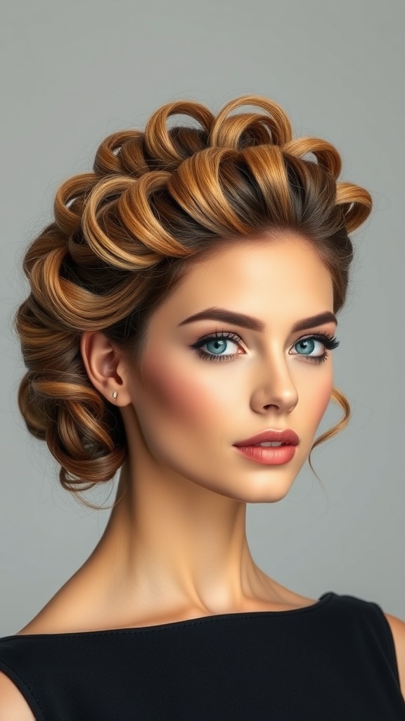 A woman with a curly updo hairstyle, featuring voluminous curls and a natural makeup look, showcasing an elegant style for an oval-shaped face.