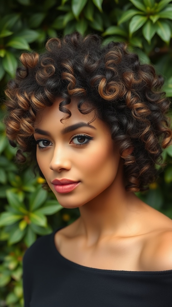 A person with curly hair styled in a wolf cut, surrounded by green foliage.