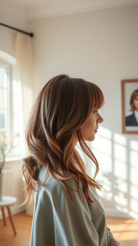 A woman with layered hair and curtain bangs, showcasing a soft and stylish look.