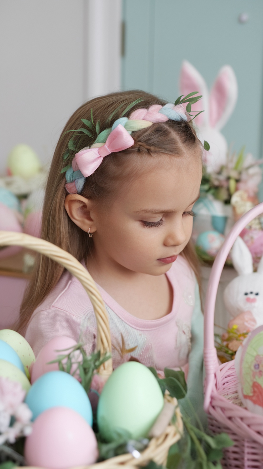 A young girl wearing a pastel braided headband with bows, surrounded by colorful Easter eggs and decorations.