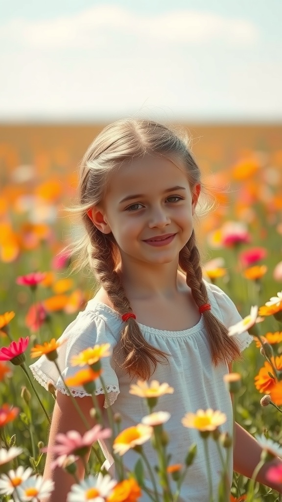 A young girl with double braids smiling in a field of colorful flowers.