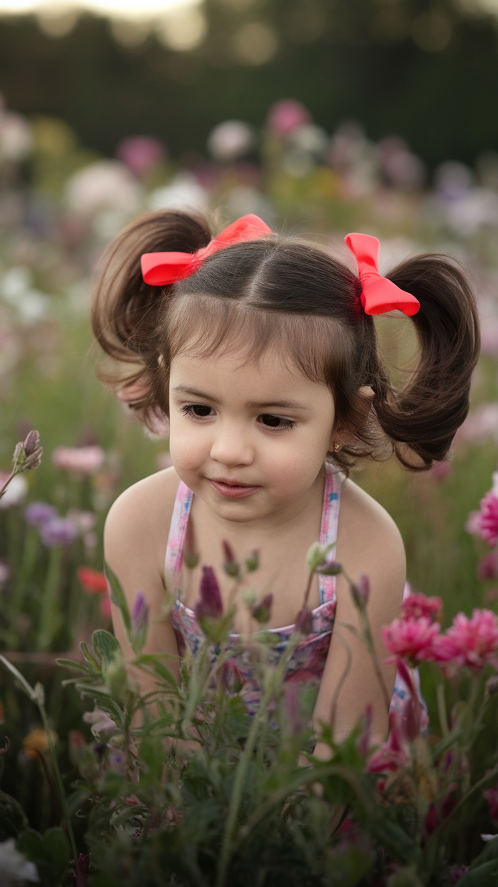 A little girl with pigtails and red ribbon bows, surrounded by flowers