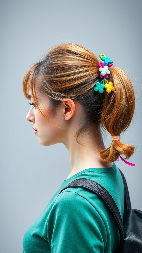 A woman with a cute side ponytail decorated with colorful flower accessories.