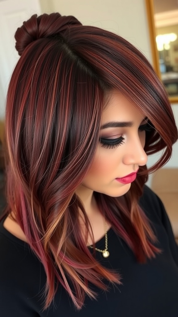 A hairstyle featuring deep burgundy streaks blended with dark hair, styled in soft waves.