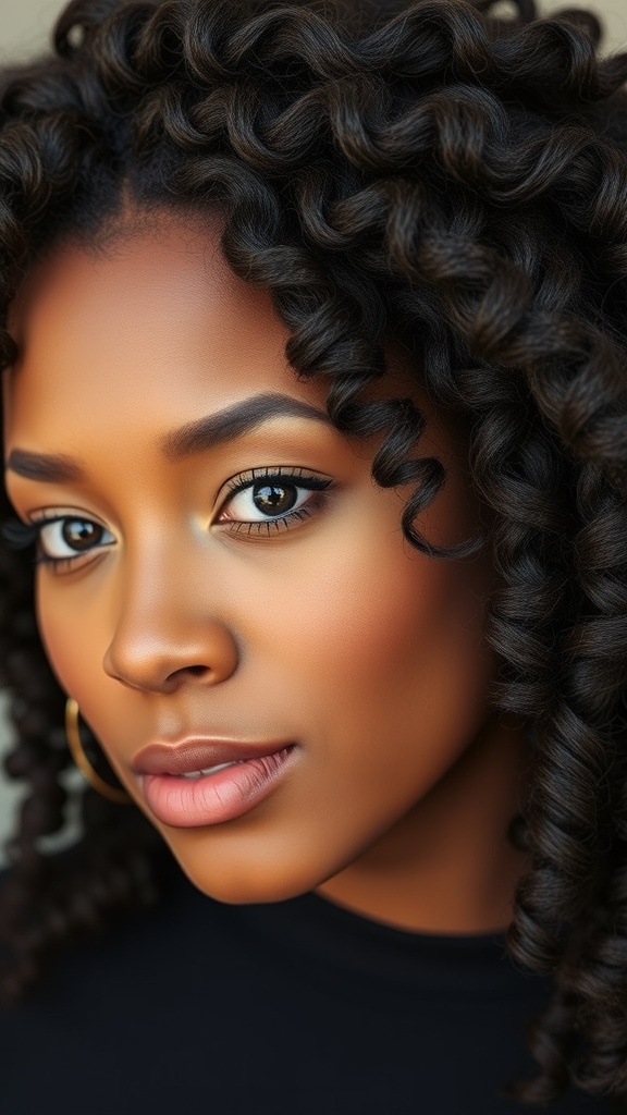 Close-up of a woman with defined curls styled in a twist-out, showcasing natural hair texture.