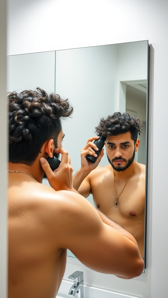 A man with curly hair using a grooming tool in front of a mirror.