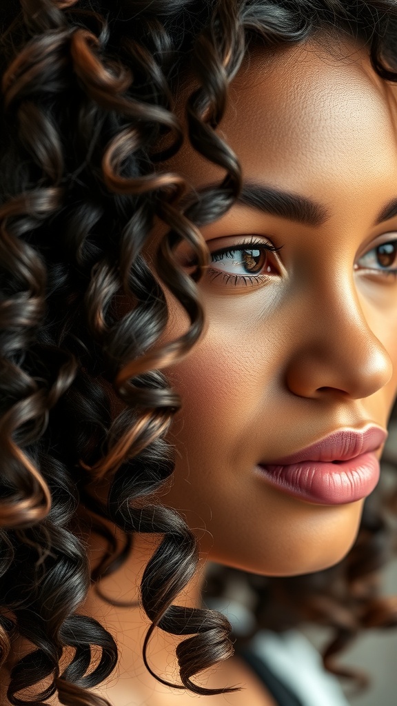 Close-up of a woman with defined ringlets and shiny curls.