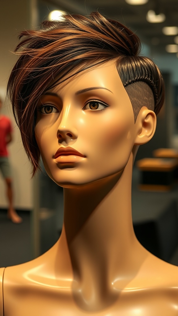A mannequin showcasing a faded undercut hairstyle with longer hair on top and faded sides.