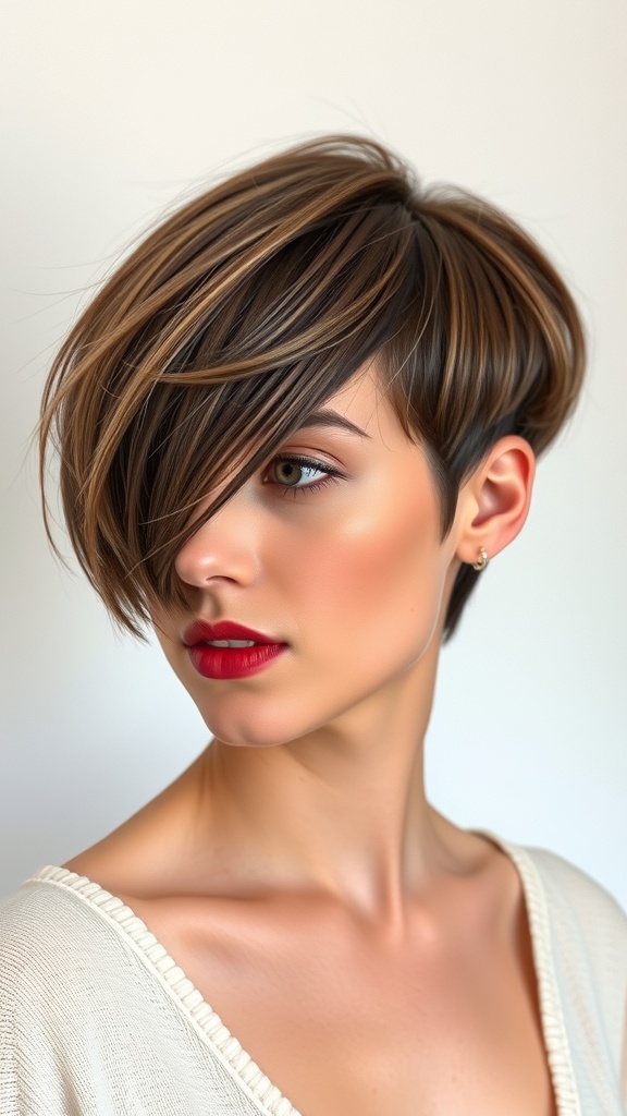 A woman with a long pixie bob hairstyle, featuring soft layers and highlights, styled to one side.