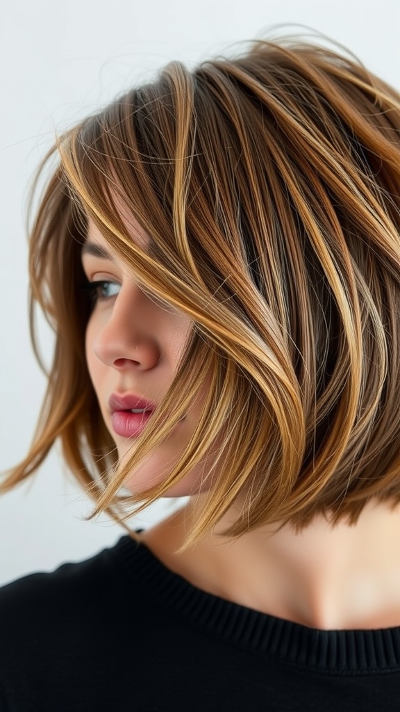 A woman with a shaggy lob hairstyle featuring soft waves and warm highlights.