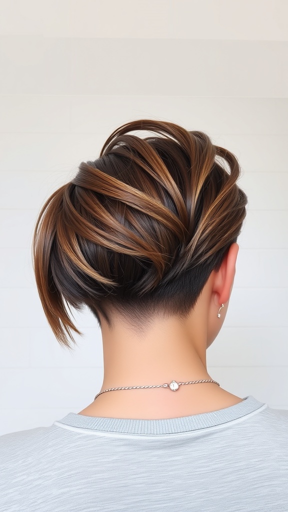 A stylish short stacked wedge haircut with layered back and soft waves.