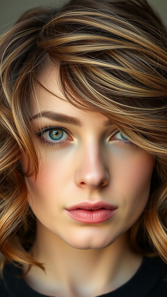 A close-up of a person with a wavy wolf cut hairstyle featuring bangs, showcasing soft waves and highlights.