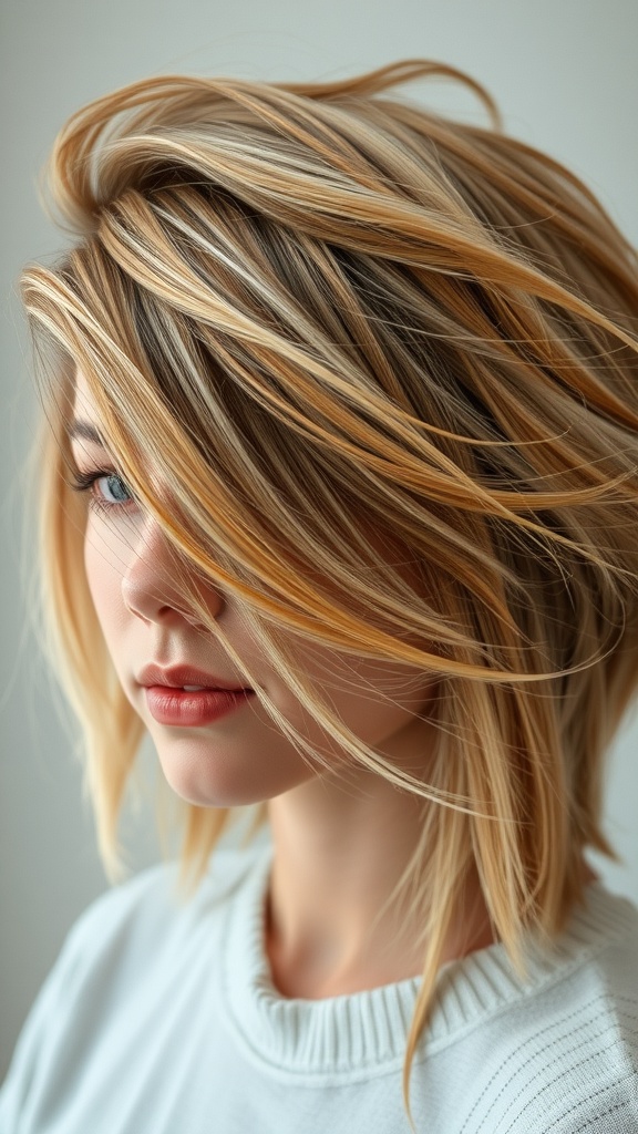 A woman with a Wolf Cut featuring curtain bangs, showcasing layered hair with blonde highlights.