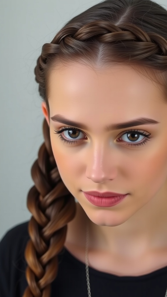 A close-up of a woman with a delicate crown braid hairstyle.