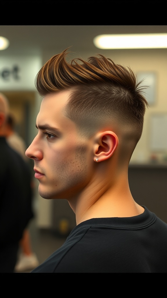 A person with a disconnected undercut hairstyle, featuring short sides and longer hair on top, styled with a modern flair.