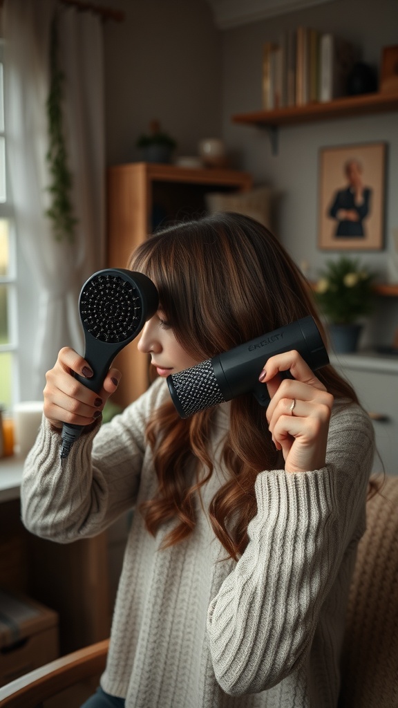 A person preparing to style their hair with a round brush and blow dryer, showcasing a DIY blowout hairstyle.