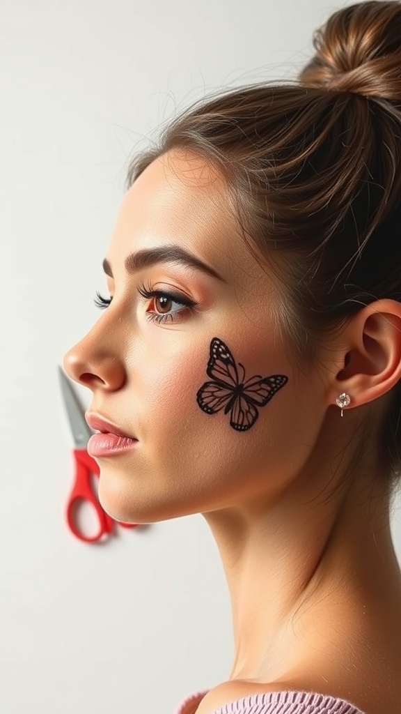 A woman with butterfly cut short hair and a butterfly design on her cheek.
