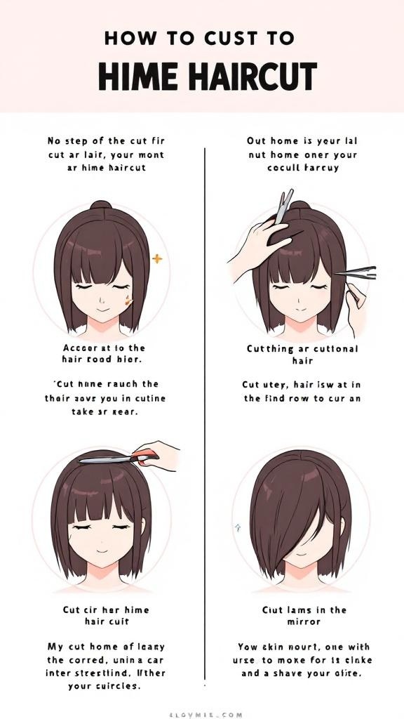 Illustration showing steps to cut a Hime haircut at home