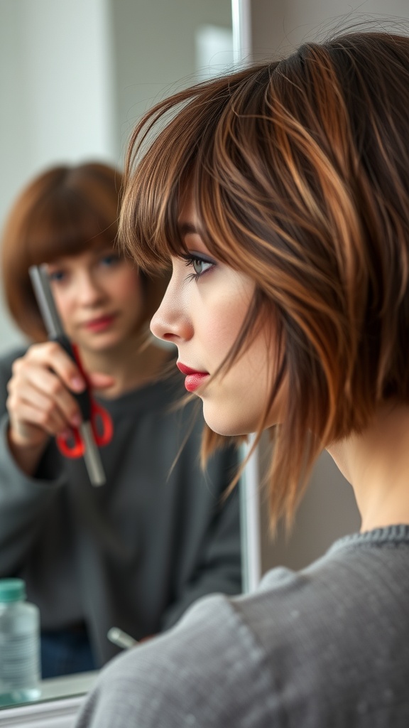 A person preparing to cut hair in front of a mirror, showcasing a DIY shaggy lob haircut.