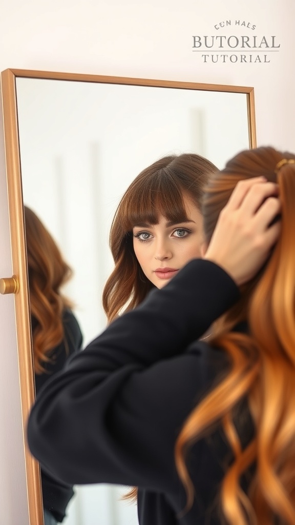 A person adjusting their hair in front of a mirror, showcasing a wolf cut with curtain bangs.
