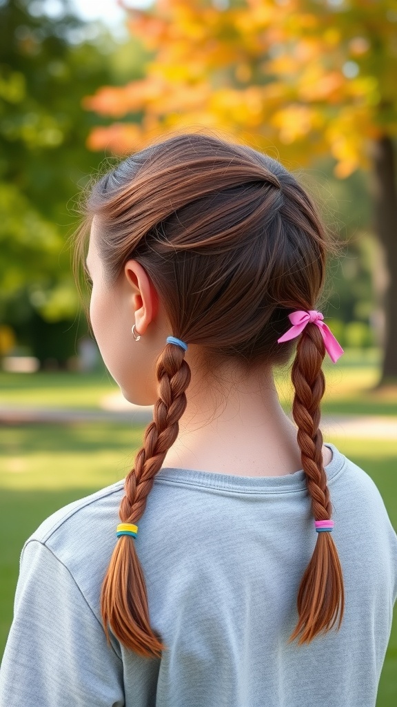 A girl with double braided pigtails secured with colorful hair ties, set against a backdrop of trees.