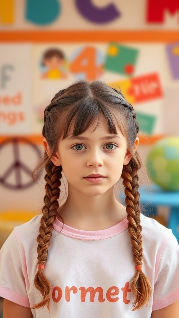 A young girl with double braids and loose ends, wearing a t-shirt with the word 'Gormet'.